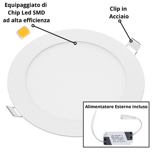 Pannello led incasso 155 cm 12watt slim tondo soffitto alimentatore incluso temperatura 4500k bianco