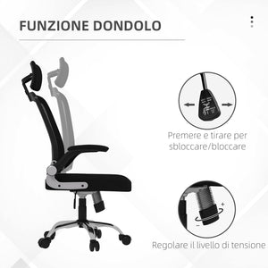 Sedia Poltrona Direzionale da Ufficio 66x69x116-126 cm Braccioli Ribaltabili in Tessuto a Rete Nero