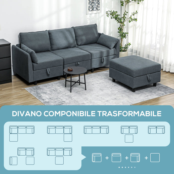 Divano 3 Posti Componibile Modulare con Pouf Poggiapiedi e Cuscini 213x156x88 cm Grigio Scuro