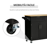 Carrello da Cucina 121x46x91 cm 2 Cassetti 3 Ante con Ruote Nero