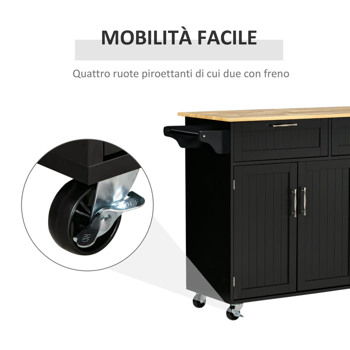 Carrello da Cucina 121x46x91 cm 2 Cassetti 3 Ante con Ruote Nero