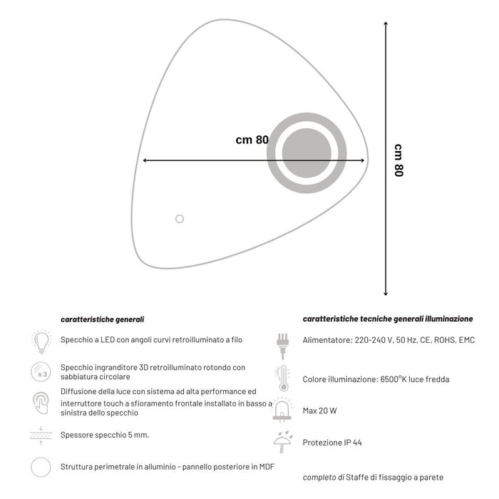 Ogomondo specchio 5 mm triangolare smussato led interruttore touch alluminio mdf *** misure 80x80 cm, tonalità stand...