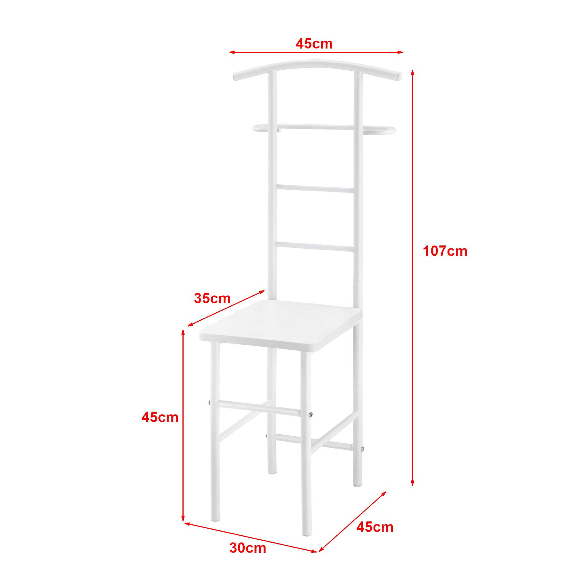 Servomuto con Seduta Omino Appendiabiti in Metallo Indossatore da Camera Porta Abiti Posa Oggetti - Bianco