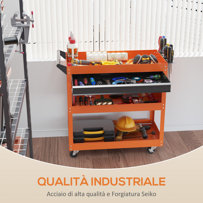 Carrello Porta Attrezzi con Manico Laterale 3 Ripiani e Cassetto 82x35x76 cm in Acciaio Arancione