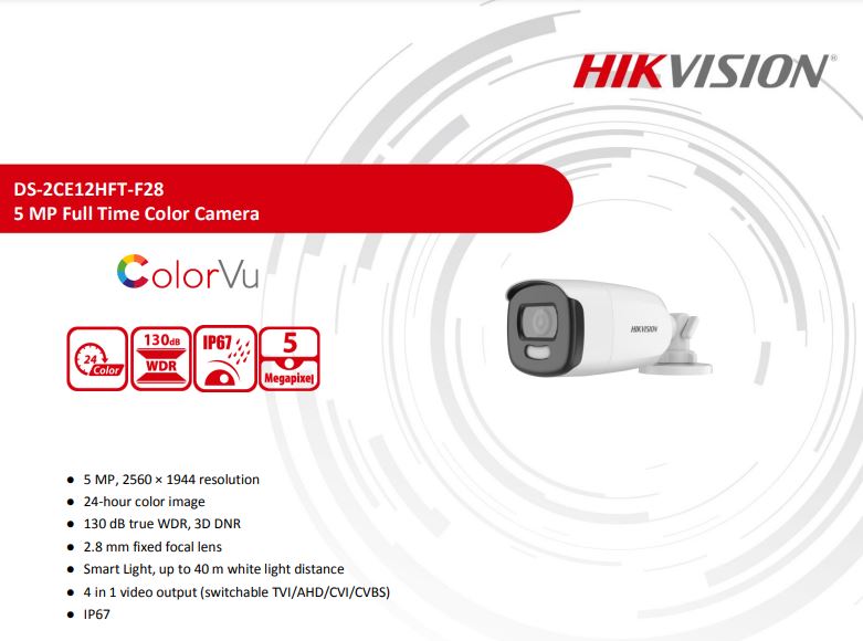 Hikvision DS-2CE12HFT-F Telecamera Videosorveglianza ColorVu Bullet camera 5 Mpx ottica 2,8 mm Ir 40 m 4 in 1