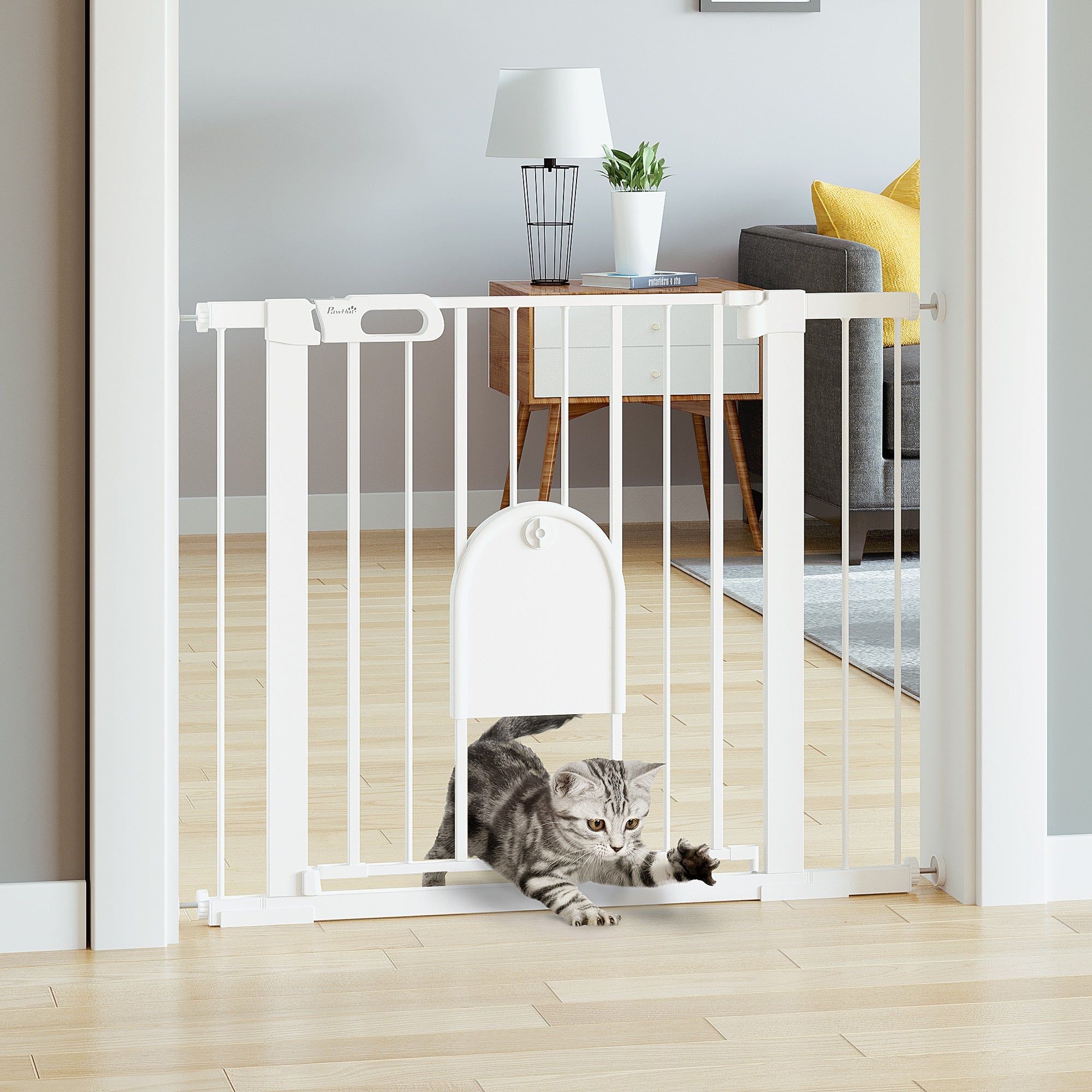 Cancelletto di Sicurezza per Cani con Porta Piccola Regolabile e Chiusura Automatica 75-103x76 cm Bianco