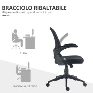 Sedia Poltrona Operativa da Ufficio 59x58x96-106 cm con Braccioli Ribaltabili e Tessuto a Rete Nero