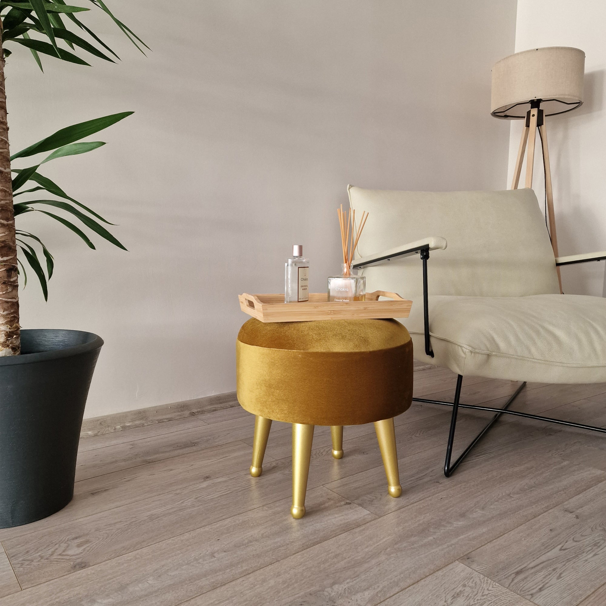 Sgabello Basso Laholm Pouf Rotondo ⌀40 cm Effetto Velluto Giallo [en.casa]