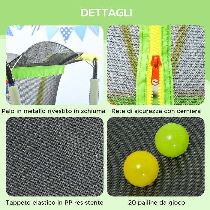 Trampolino Elastico per Bambini 3-10 Anni Ø140x155cm con Rete di Sicurezza Canestro e Palle Verde