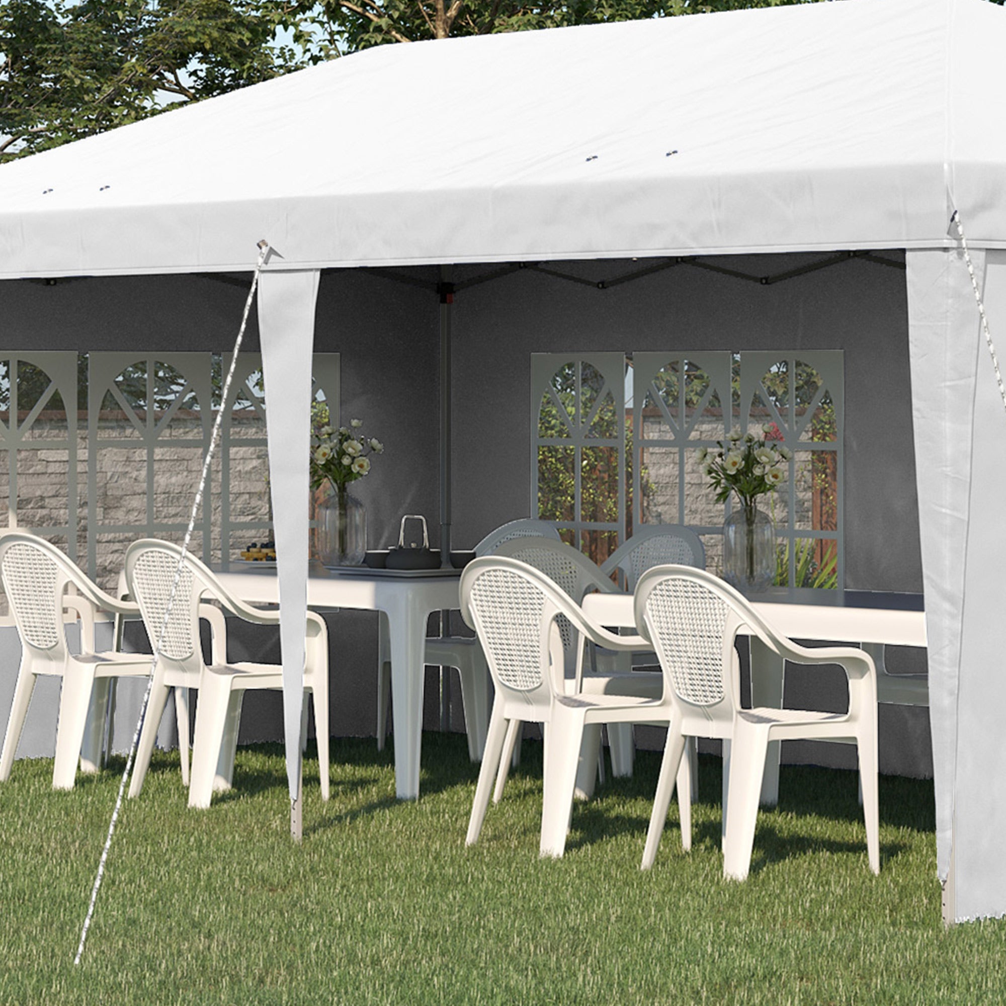 Gazebo da Giardino 5,85x2,95x2,7m in Acciaio e Poliestere Bianco