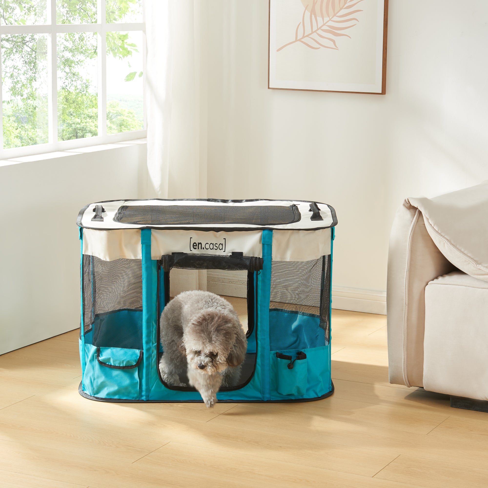 Kennel Pieghevole Mörbylånga Rifugio Portatile per Cani e Gatti 80 x 60 x 55 cm Blu / Beige [en.casa]