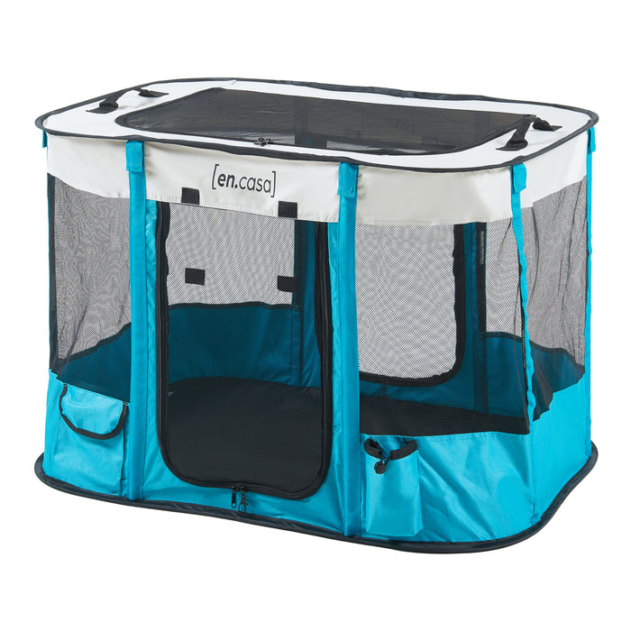 Kennel Pieghevole Mörbylånga Rifugio Portatile per Cani e Gatti 80 x 60 x 55 cm Blu / Beige [en.casa]