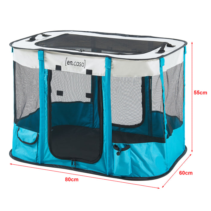 Kennel Pieghevole Mörbylånga Rifugio Portatile per Cani e Gatti 80 x 60 x 55 cm Blu / Beige [en.casa]