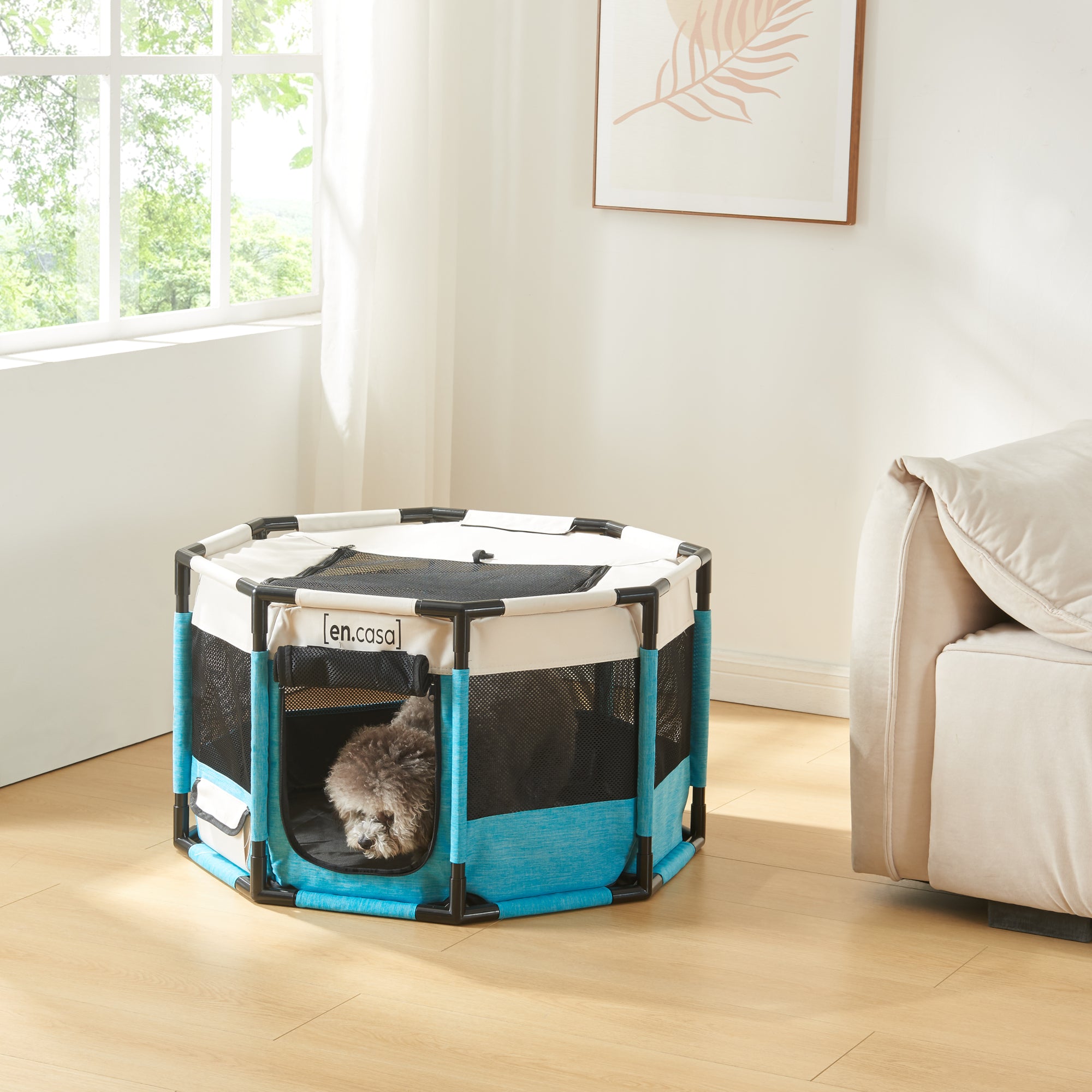 Kennel Nà¦rà¸ysund Rifugio Coperto per Cani e Gatti 112 x 112 x 62 cm Blu / Beige [en.casa]