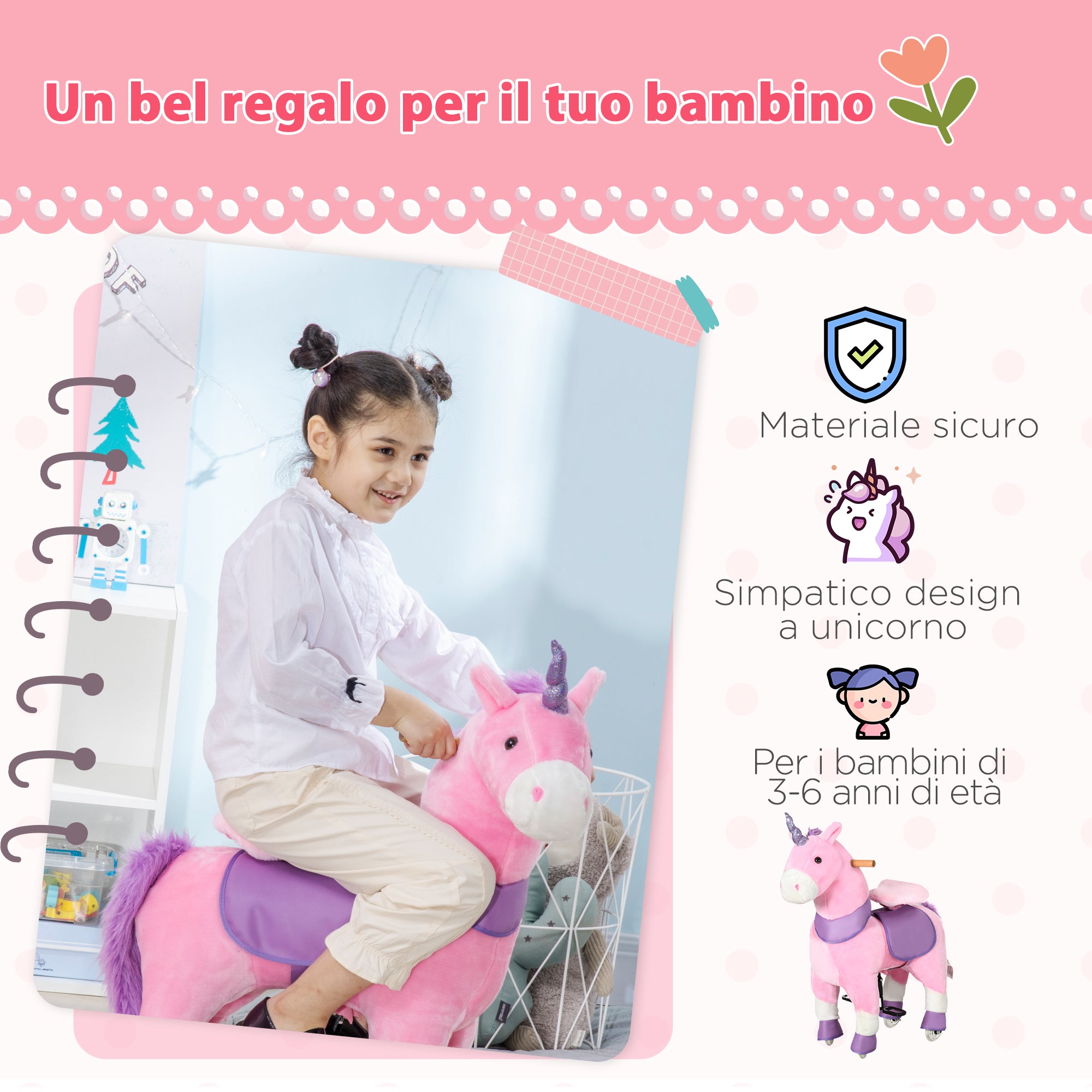 Cavallo a Dondolo per Bambini 70x32x87 cm con Ruote a Forma di Unicorno Rosa