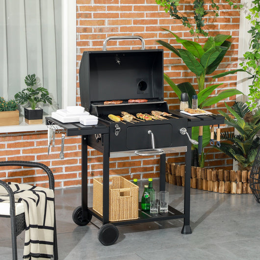 Barbecue a Carbone Griglia Regolabile con Coperchio Ruote e Tavolini Nero
