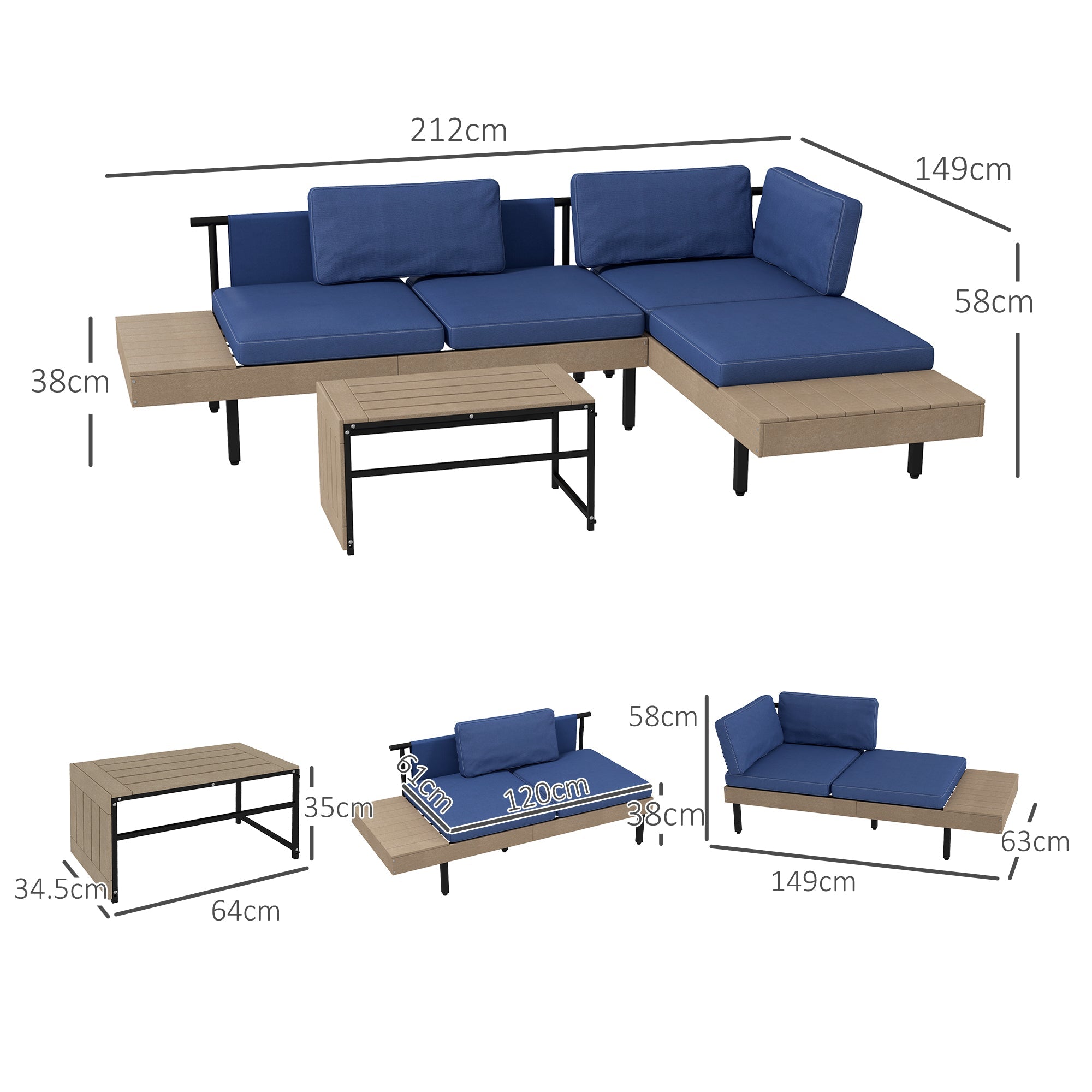 Set Salotto da Giardino Divano Angolare e Tavolino in Acciaio e HDPE con Cuscini Sfoderabili Blu