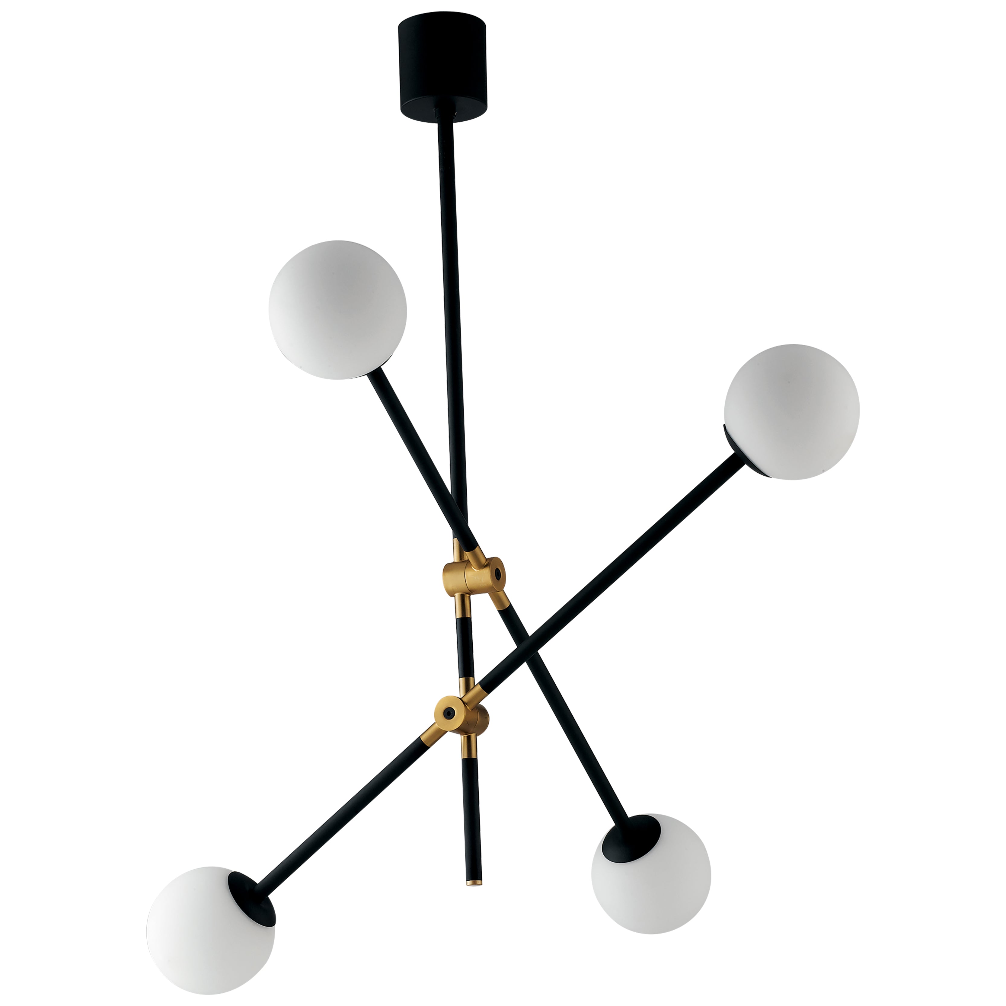 Sospensione ANTITESI in metallo nero e oro e quattro diffusori in vetro bianco