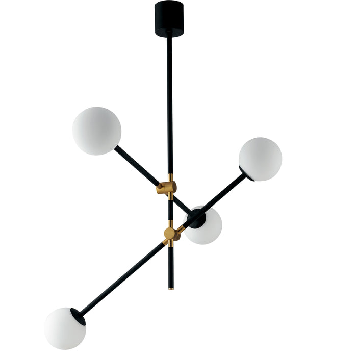 Sospensione ANTITESI in metallo nero e oro e quattro diffusori in vetro bianco