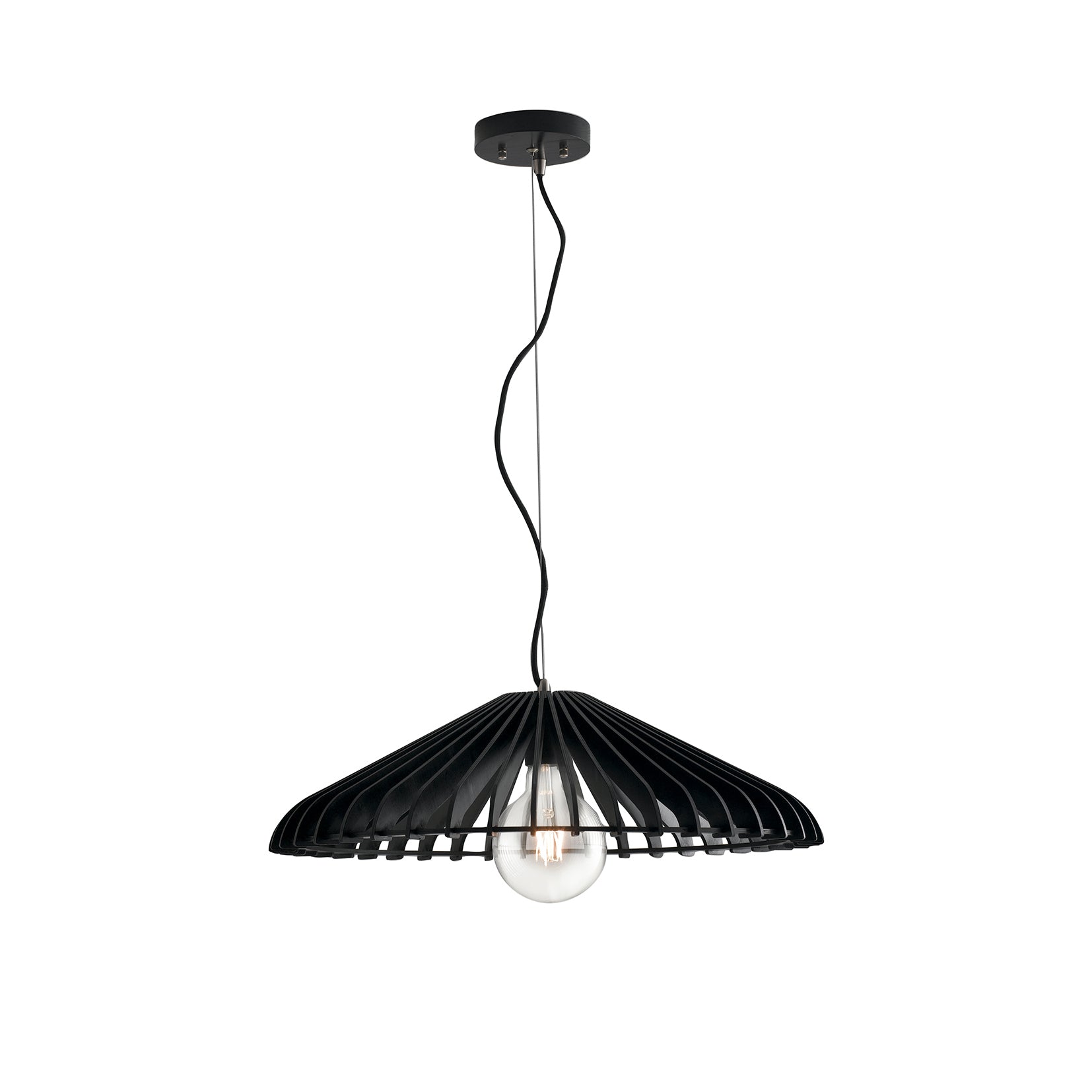 Lampadario a sospensione CALDER in legno nero con cavo in tessuto 30 cm.