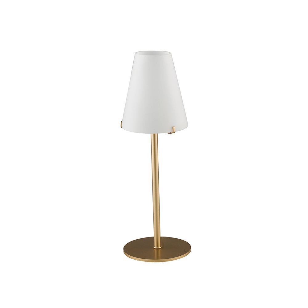 Lampada da tavolo CANTO in metallo oro con diffusore in vetro bianco