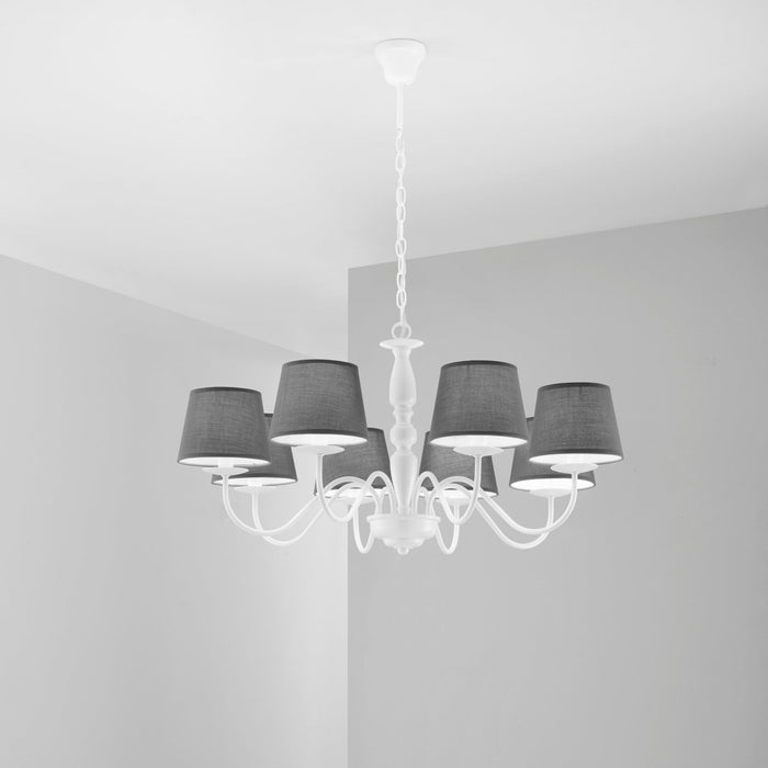 Lampadario FAVOLA in metallo bianco con otto paralumi in tessuto grigio