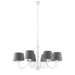 Lampadario FAVOLA in metallo bianco con otto paralumi in tessuto grigio