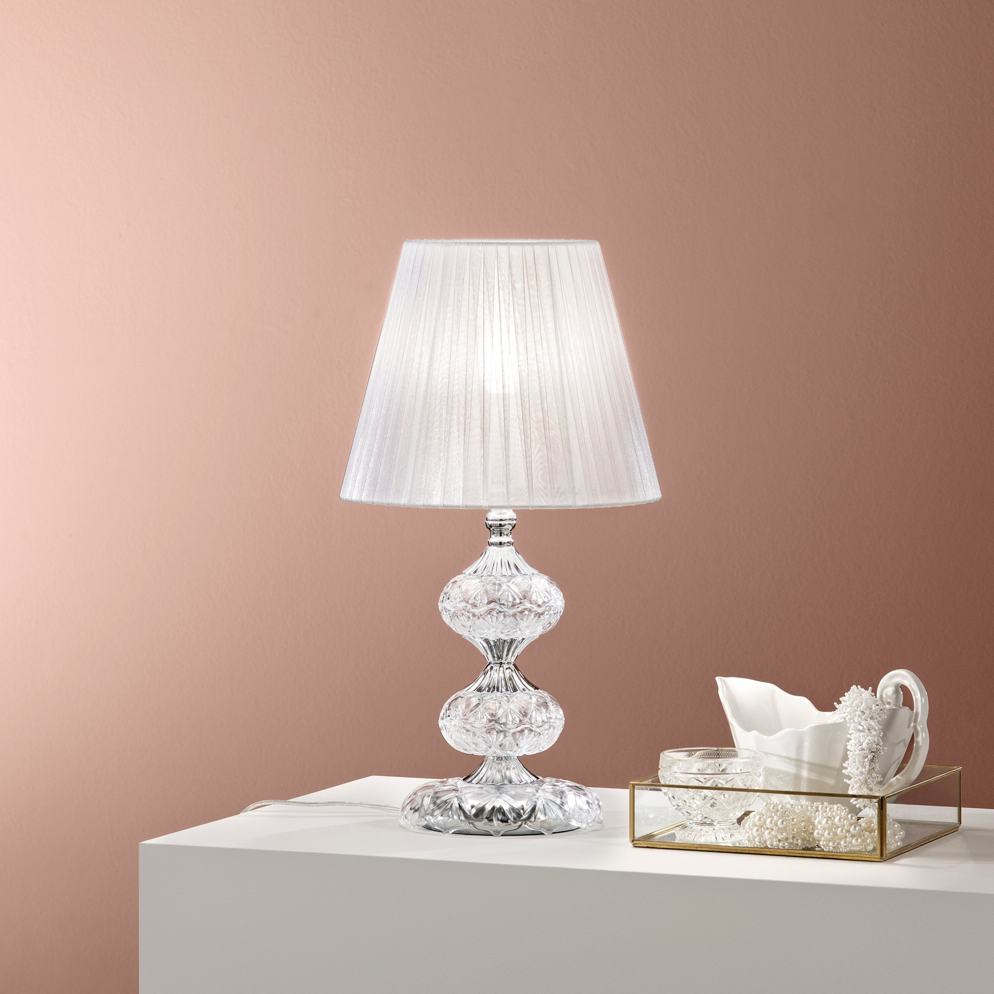 Lampada da tavolo INCANTO in vetro con dettagli cromati e cristalli 46 cm.