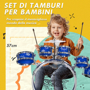 Batteria Musicale Giocattolo per Bambini Grancassa 5 Tamburi e Piatti con Bacchette e Sgabello Blu