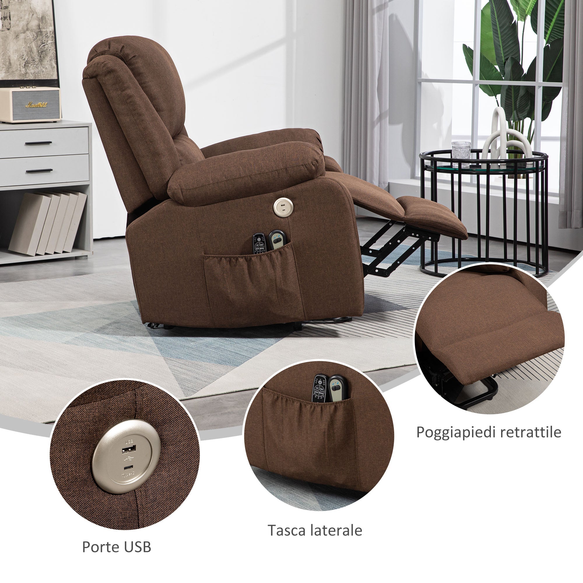 Poltrona Alzapersona Elettrica Reclinabile con Poggiapiedi 1 Motore 87x92x105 cm in Tessuto Effetto Lino Caffè