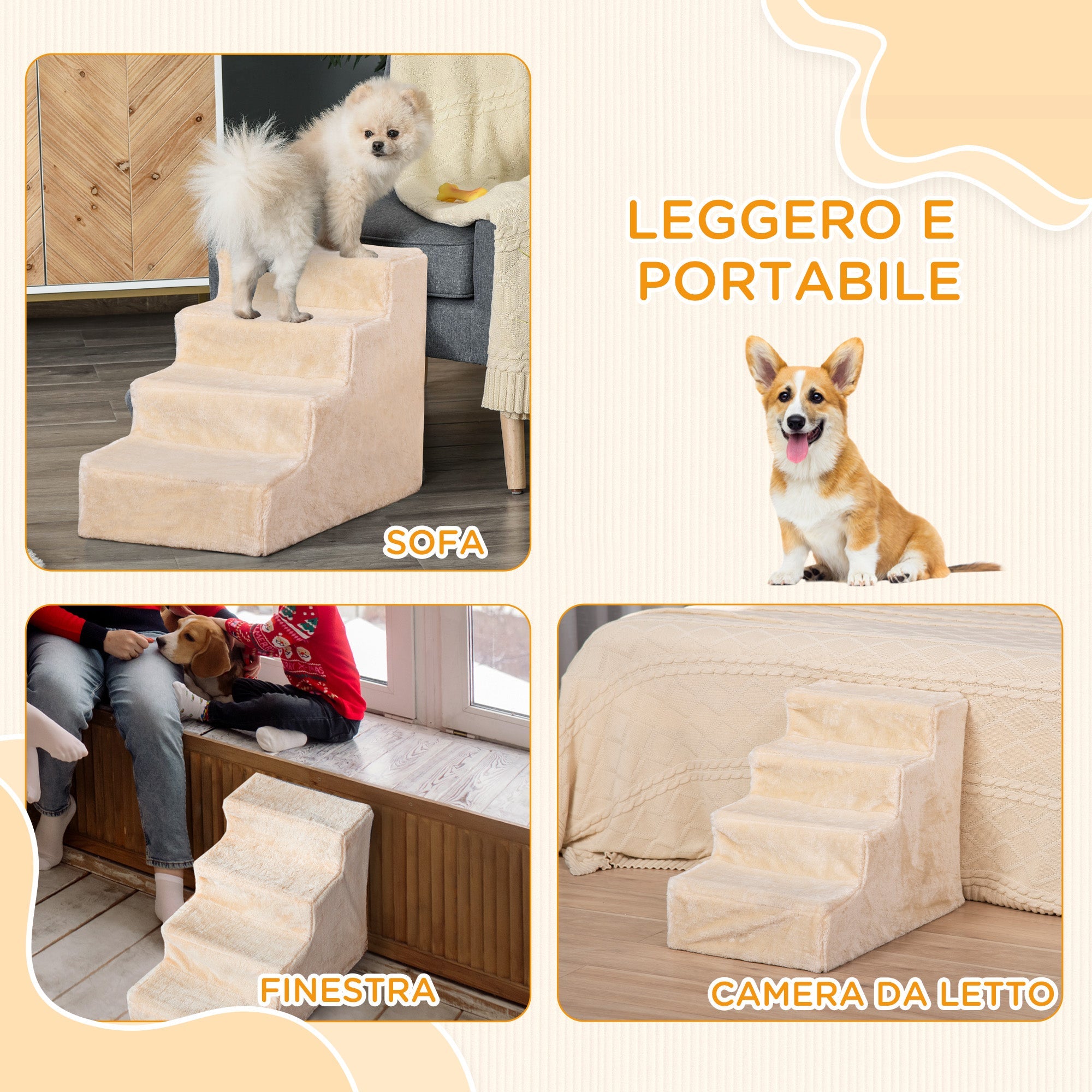 Scaletta per Cani 4 Gradini 60x35x44 cm in Flanella Sfoderabile e Truciolato Beige