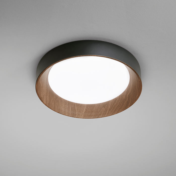 Plafoniera LED ARKA in metallo nero e cornice effetto legno 36W con interruttore CCT 50 cm.