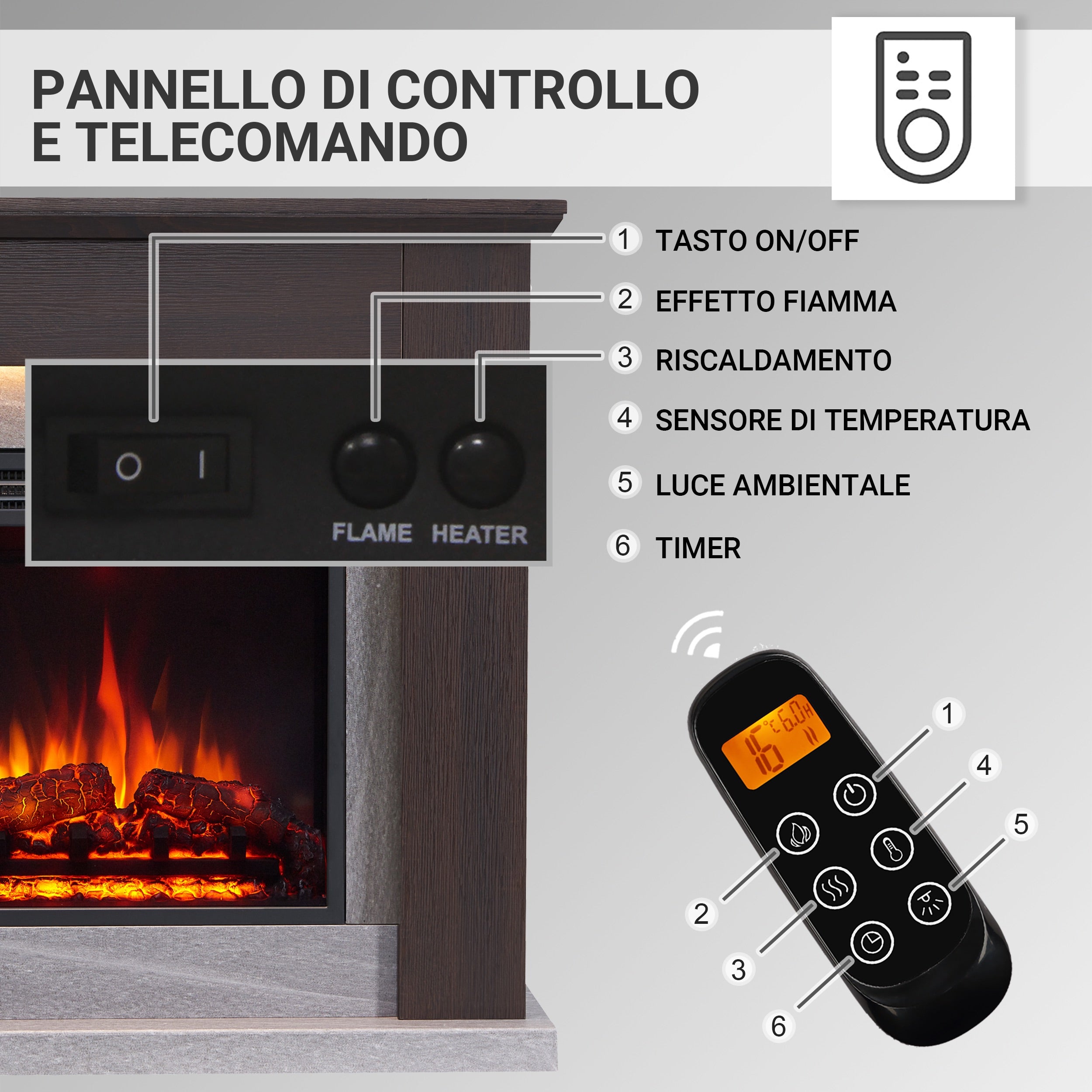 Camino elettrico da terra Pandora | Fiamma 3D, riscaldamento 2000W, LED | Telecomando, timer, termostato |Rovere scuro