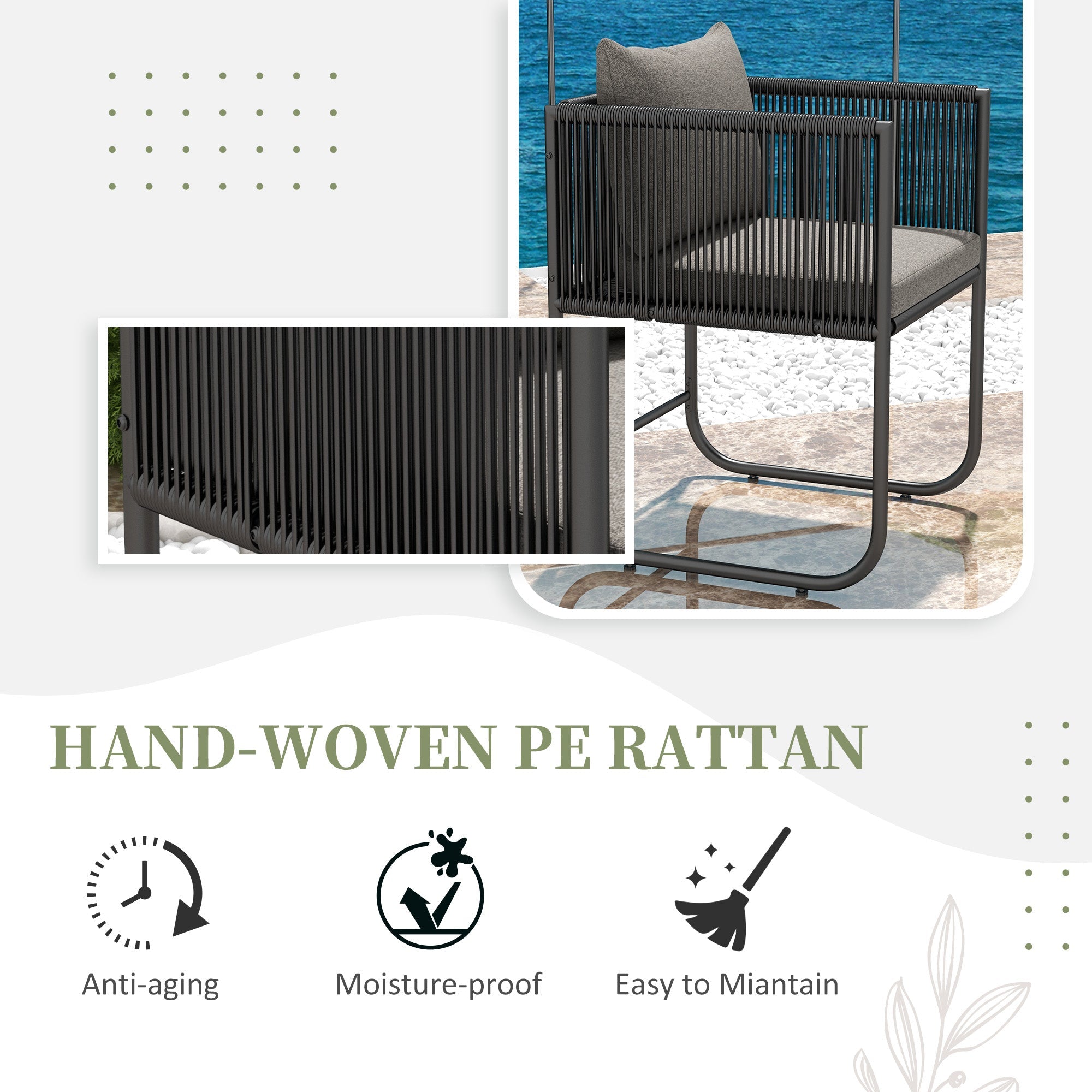 Set Tavolo e 2 Sedie da Giardino in Rattan e Legno Composito