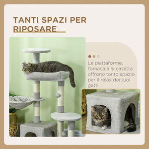 Albero Tiragraffi per Gatti 65x30x104 cm con Casetta e Posatoi Paolo in Sisal Grigio Chiaro