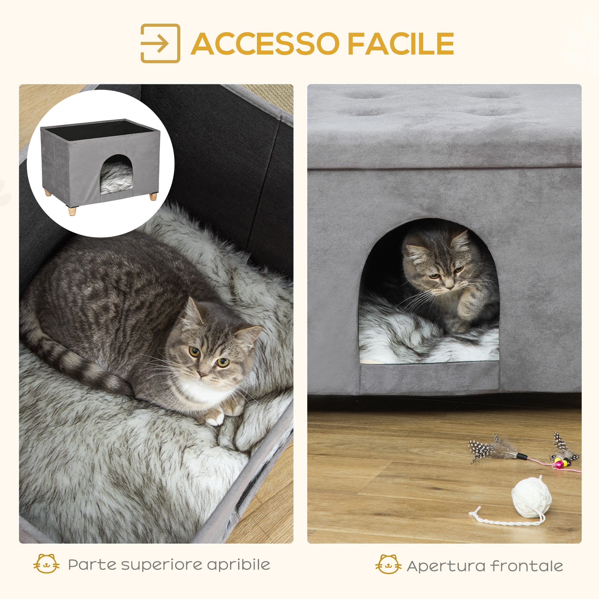 Casetta per Gatti Pouf Poggiapiedi Imbottito 60x45x44,5 cm con Cuscino Rimovibile e Lavabile Grigio