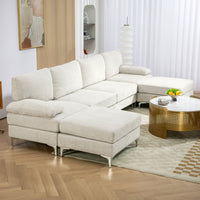 Divano 4 Posti Componibile Modulare 313x149x88 cm in Tessuto effetto Ciniglia Bianco Crema