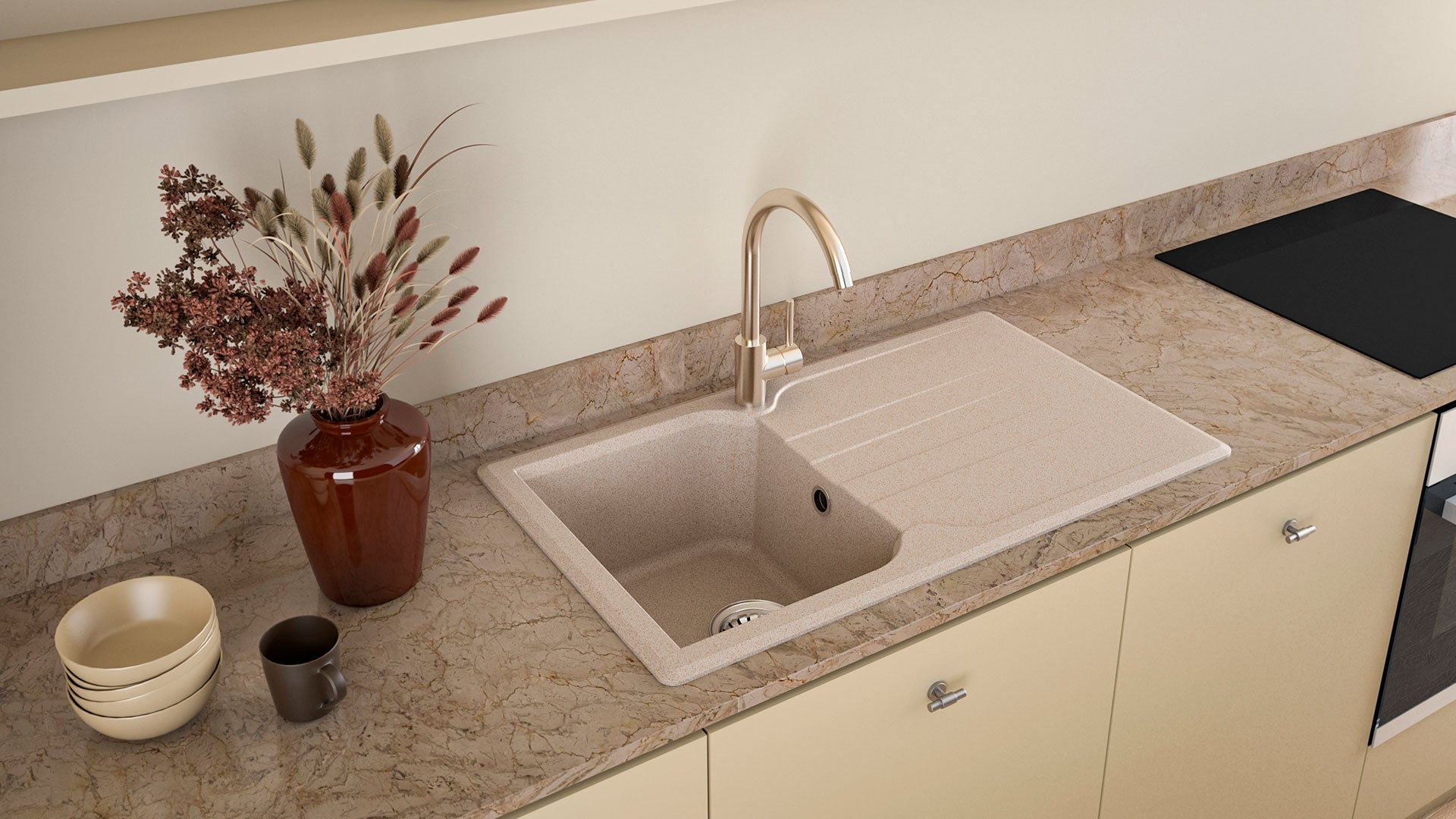 Lavello EVHOC in composito serie ADHOC S 86x50 cm sopratop una vasca con gocciolatoio KUARZITE AVENA