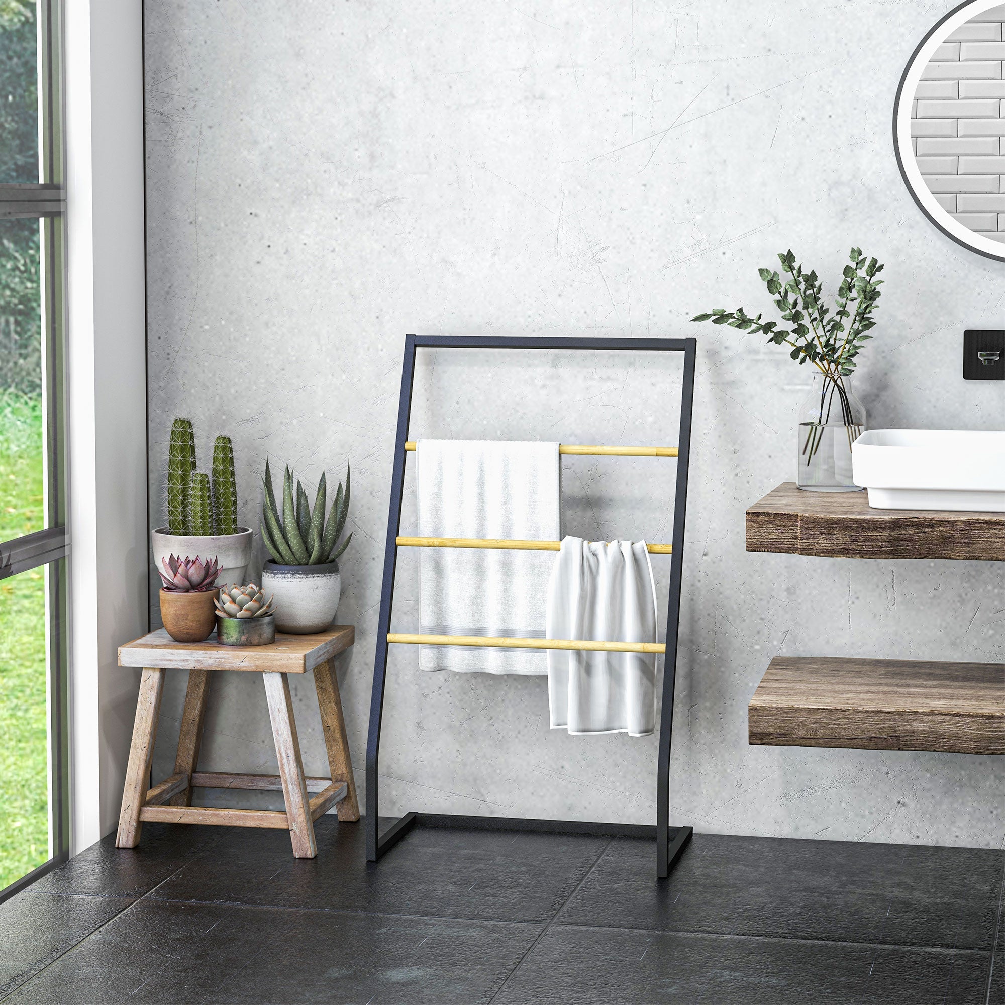 Piantana Portasciugamani da Bagno da Terra 4 Sbarre 60x35x102 cm in Bambù e Acciaio Nero