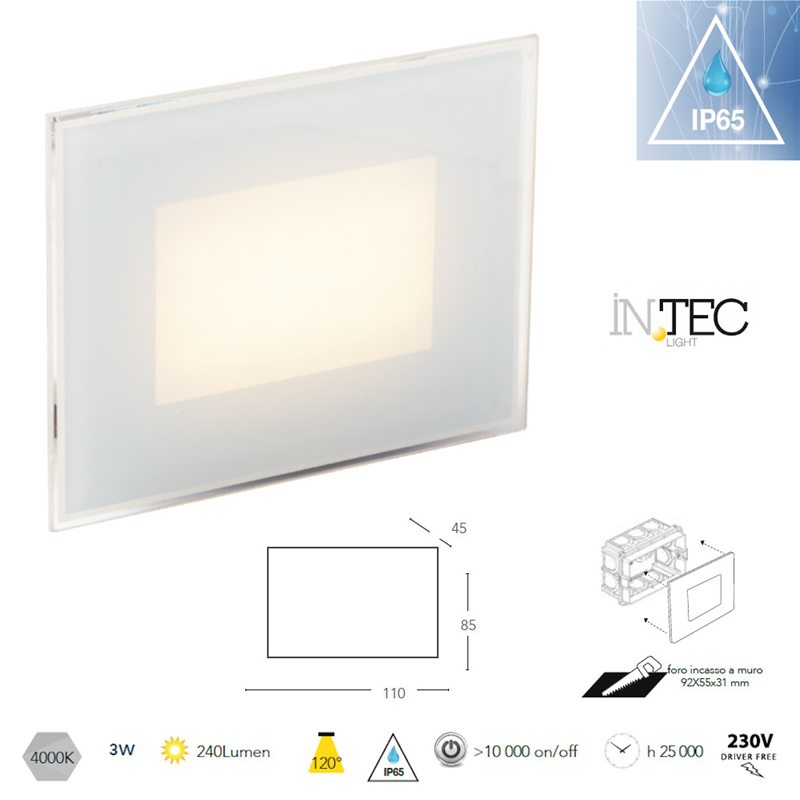 Faretto Segnpasso Incasso Scatola 503 LED SLAB Bianco 3W Luce Naturale 4000K Interno Esterno IP65