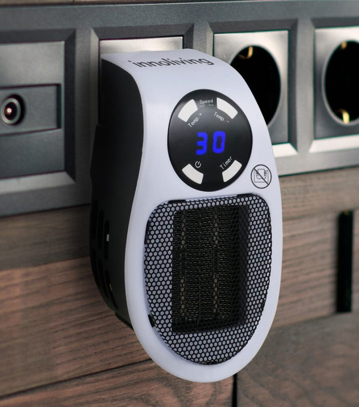 Innoliving Stufetta da Presa INN-583, Termoventilatore da Muro 500W, fino a 32°, con Timer 1-12 Ore, Autospegnimento e Protezione da Surriscaldamento Integrata, Si Attacca Direttamente alla Presa