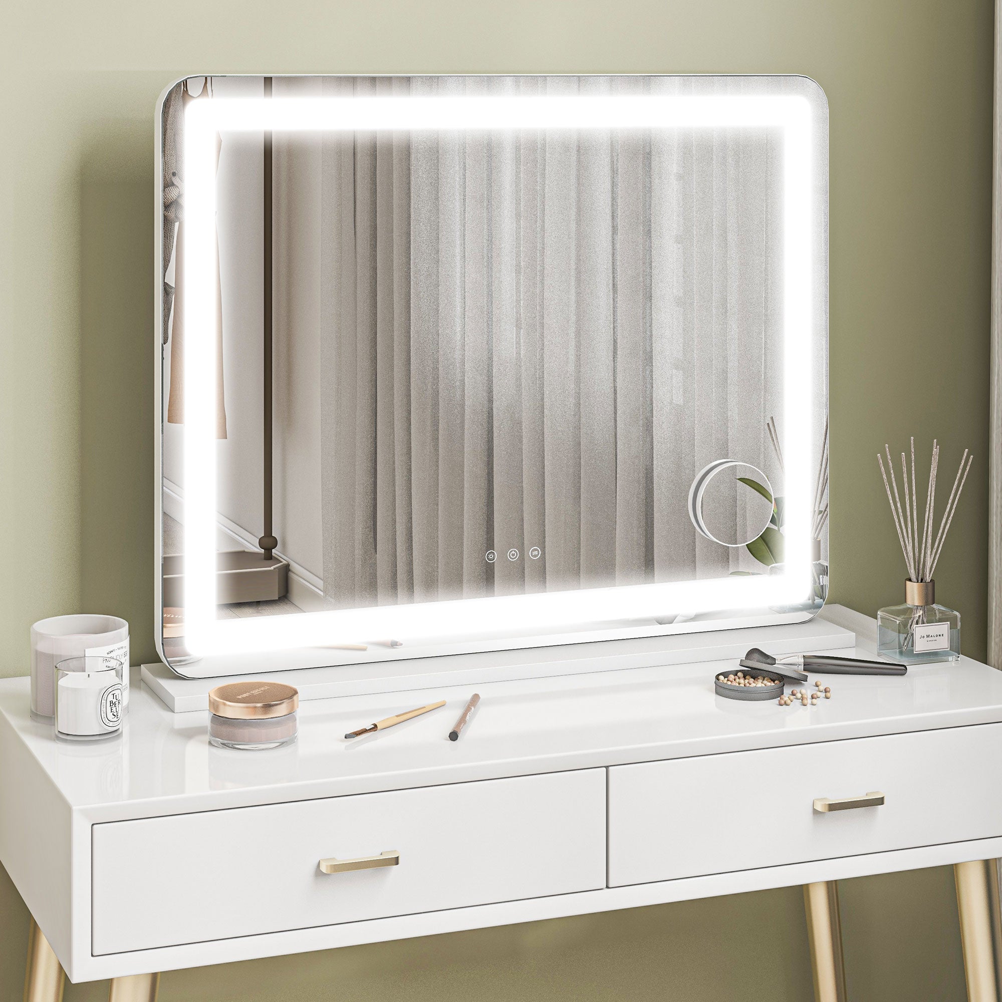 Specchio Trucco 80x62x14 cm con LED Regolabili Touch e Ingranditore 10x