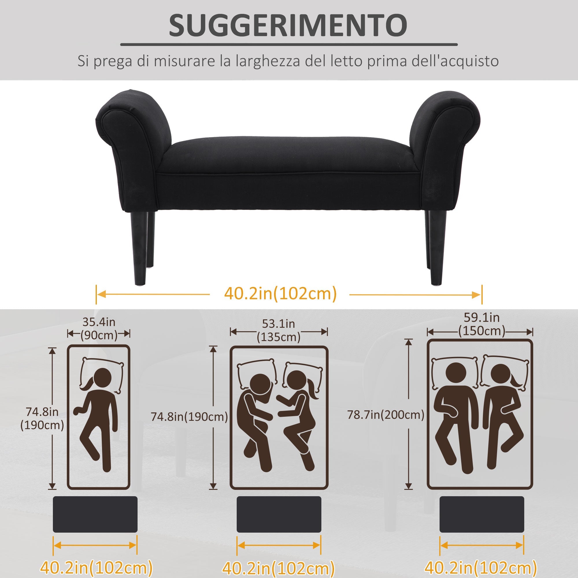 Panca Fondo Letto Imbottita con Braccioli Arrotolati 102x35x51 cm in Legno e Tessuto Nero