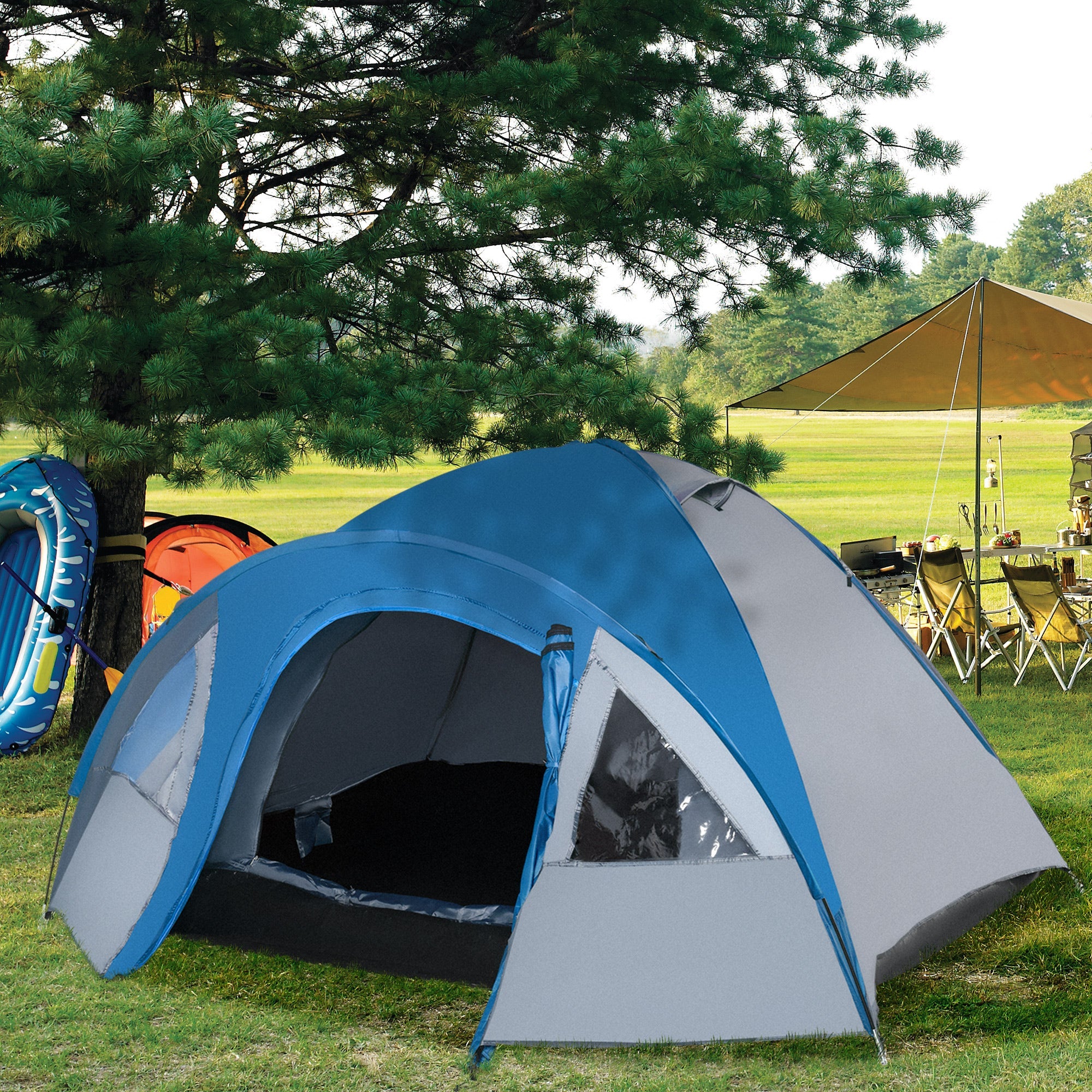 Tenda da Campeggio 4 Posti con Tasche e Gancio 3x2,50x1,30m in Poliestere e Fibra di Vetro Blu