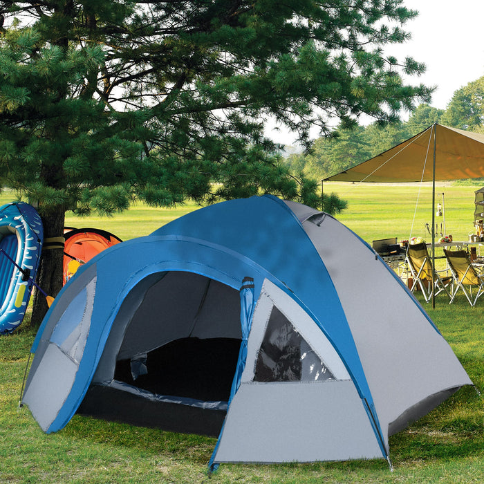 Tenda da Campeggio 4 Posti con Tasche e Gancio 3x2,50x1,30m in Poliestere e Fibra di Vetro Blu