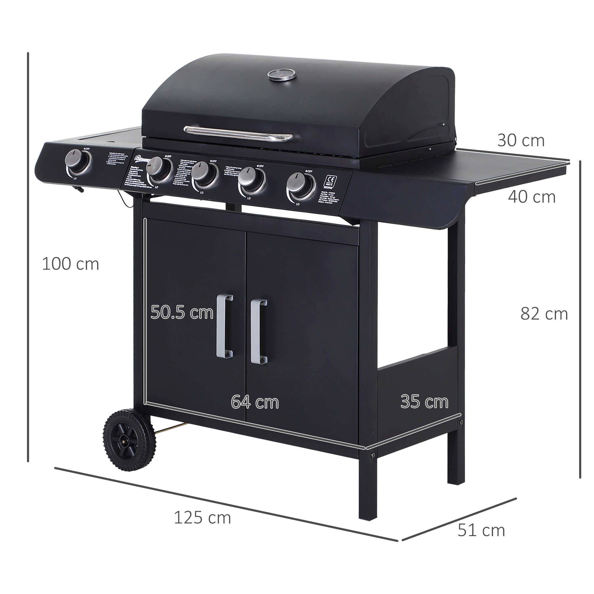 Barbecue a Gas a 5 Fornelli con Ripiani Laterali e Armadietto 125x51x100 cm in Acciaio e PP Nero