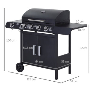 Barbecue a Gas a 5 Fornelli con Ripiani Laterali e Armadietto 125x51x100 cm in Acciaio e PP Nero