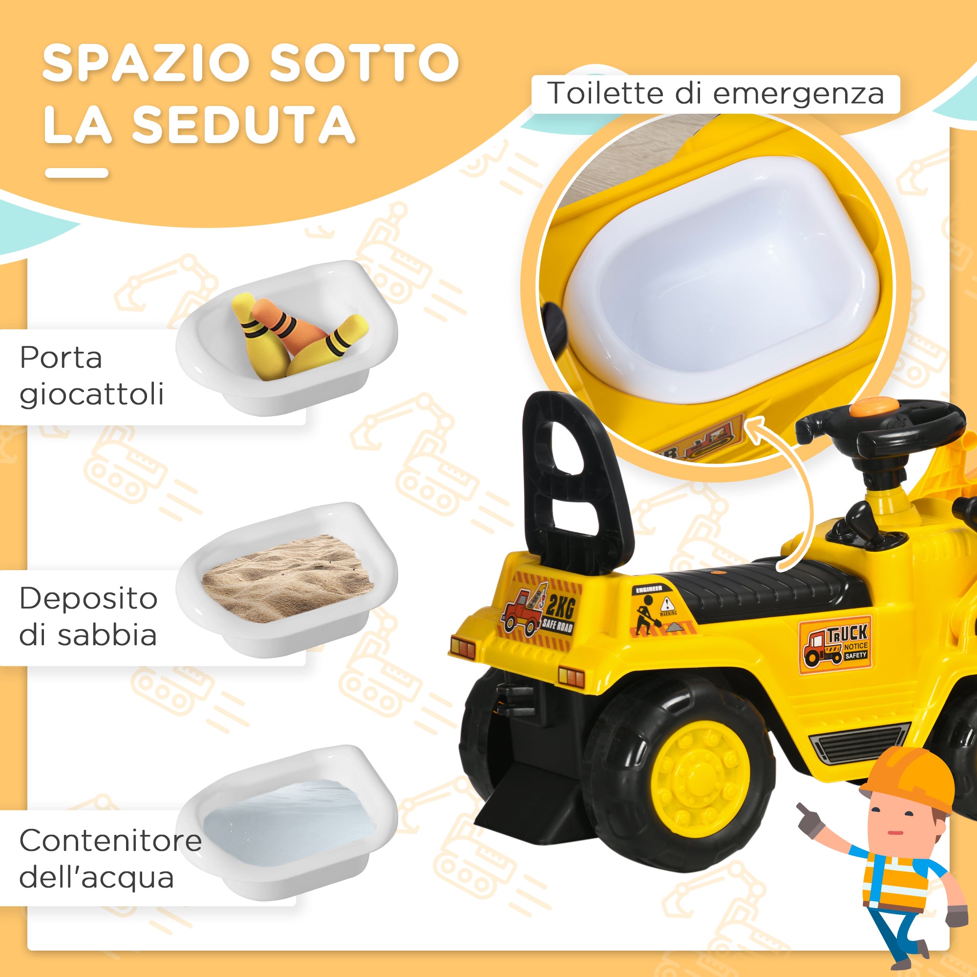 Trattore con Rullo Compressore Cavalcabile per Bambini  88x33x37 cm con Portaoggetti Giallo e Nero