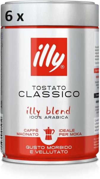 Illy caffè macinato per moka tostato classico, 6 barattoli da 250 grammi