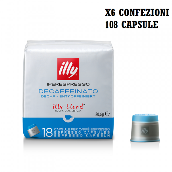 Illy capsule caffè iperespresso tostato decaffeinato, 6 confezioni da 18 capsule, totale 108 capsule